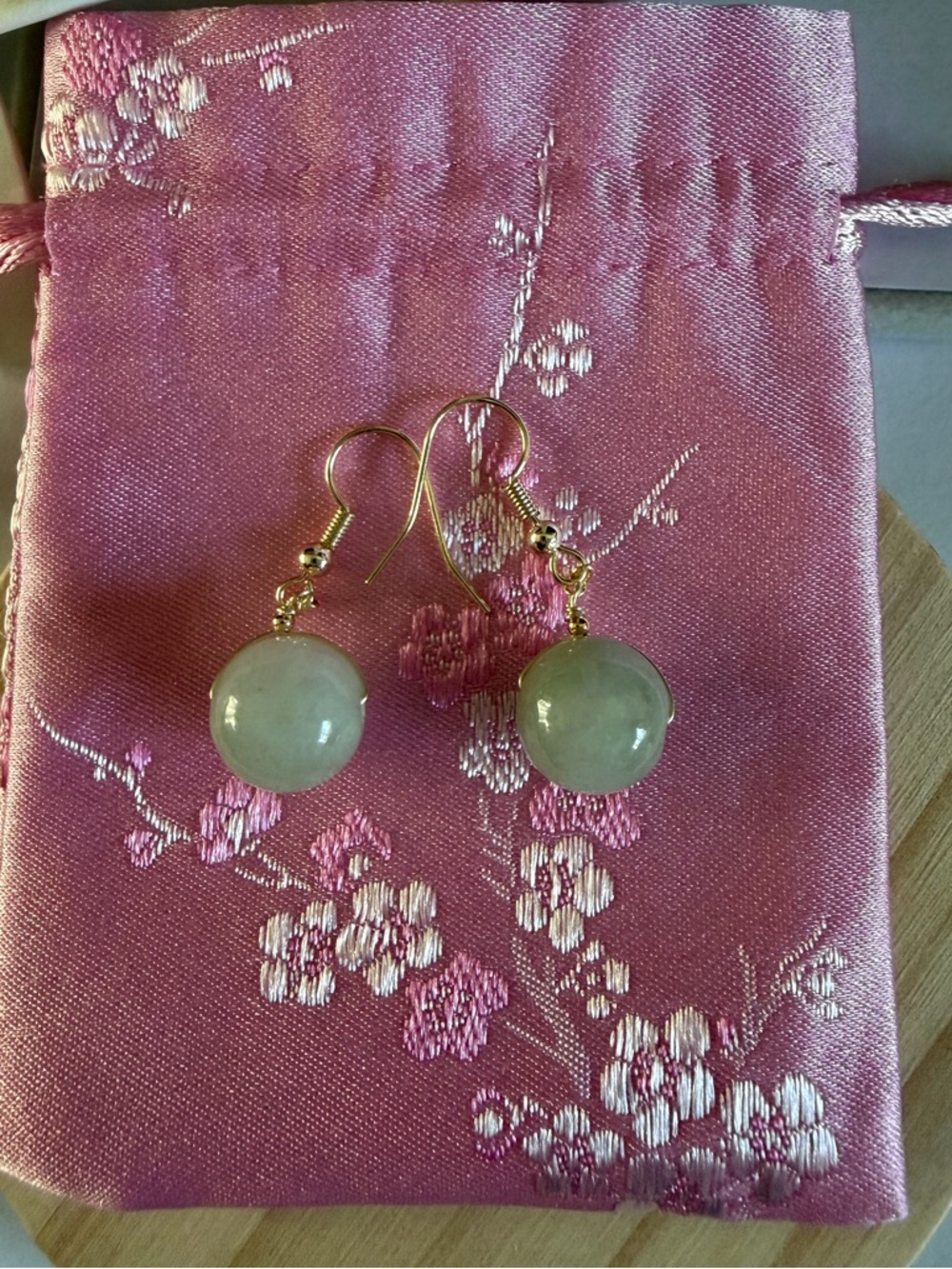 14K Gold Icy Light Jade Earrings - Picture 8 of 8